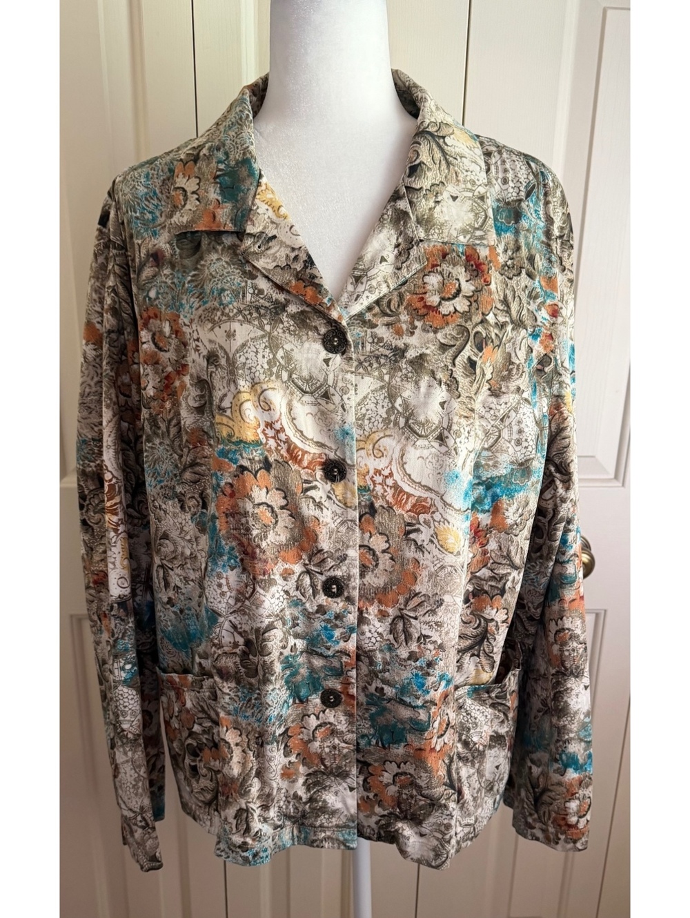 Chico's Women's Jacket Size 3 Brown Floral Print Blazer Long Sleeves Unlined